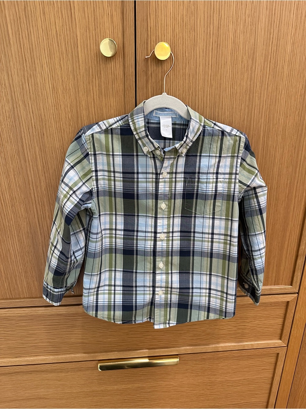 Janie and Jack Olive & Navy Plaid Button-Down Shirt, Size 4